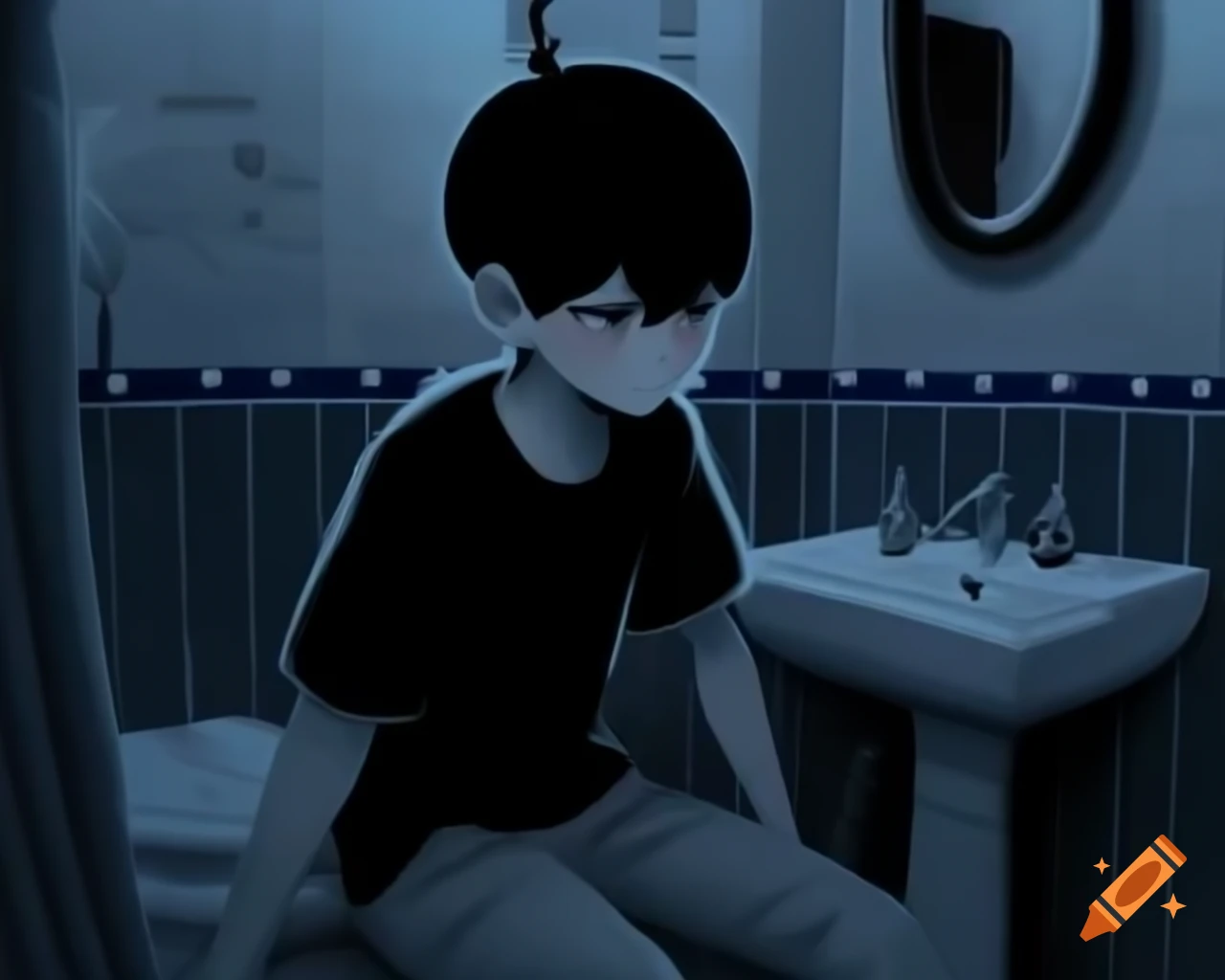 Anime character with black hair in dark bathroom mirror in OMORI art ...