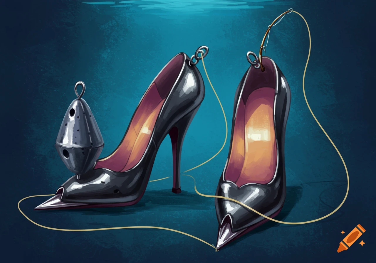 Two high heels modified into fishing weights with a hook and line, submerged underwater.