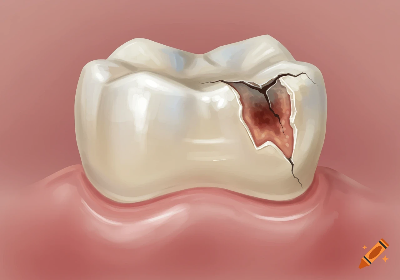An illustration of a molar tooth with a large crack and missing piece, revealing a reddish-brown cavity, set against pink gum tissue.