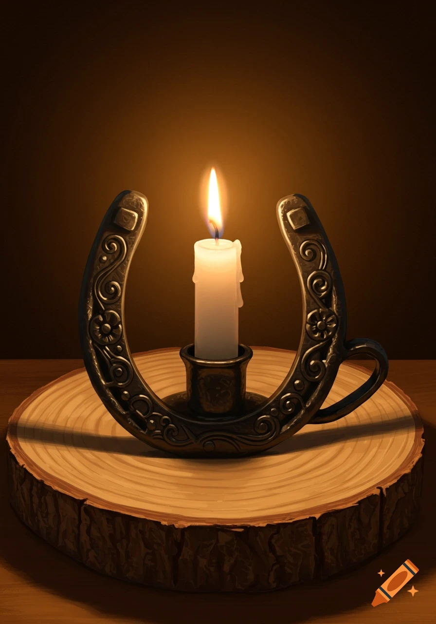 A lit white candle in an ornate metal horseshoe candle holder sits on a rustic wood log slice in a dark setting.