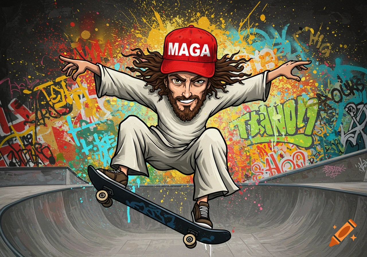 Cartoon illustration of Jesus with long hair and beard, wearing a red MAGA hat and white robes, doing a kickflip on a skateboard in a skate park with graffiti walls.