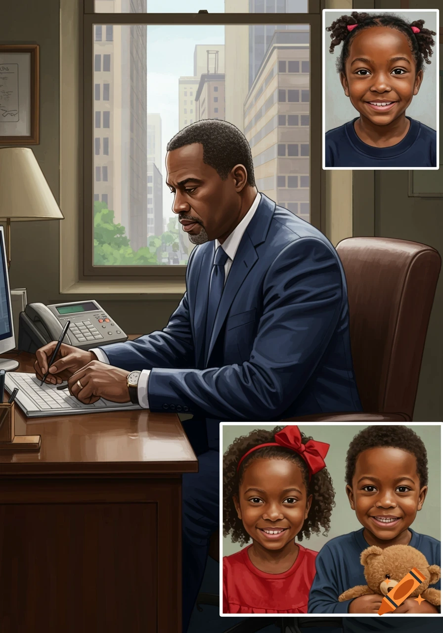 Illustrated image of a Black man working at an office desk, with pop-out pictures of smiling Black children.