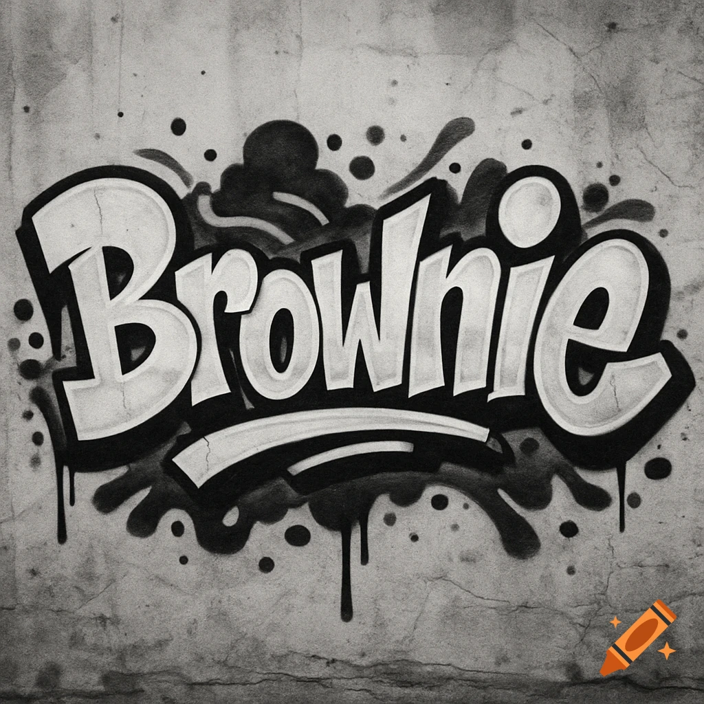 The word 'Brownie' written in bold, black and white graffiti letters with drips on a textured concrete wall.