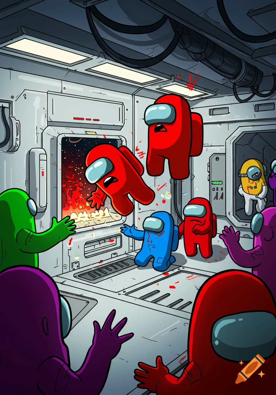 An illustration depicting a violent scene from Among Us, where a red character is ejected into a fiery space as other crewmates react in horror.