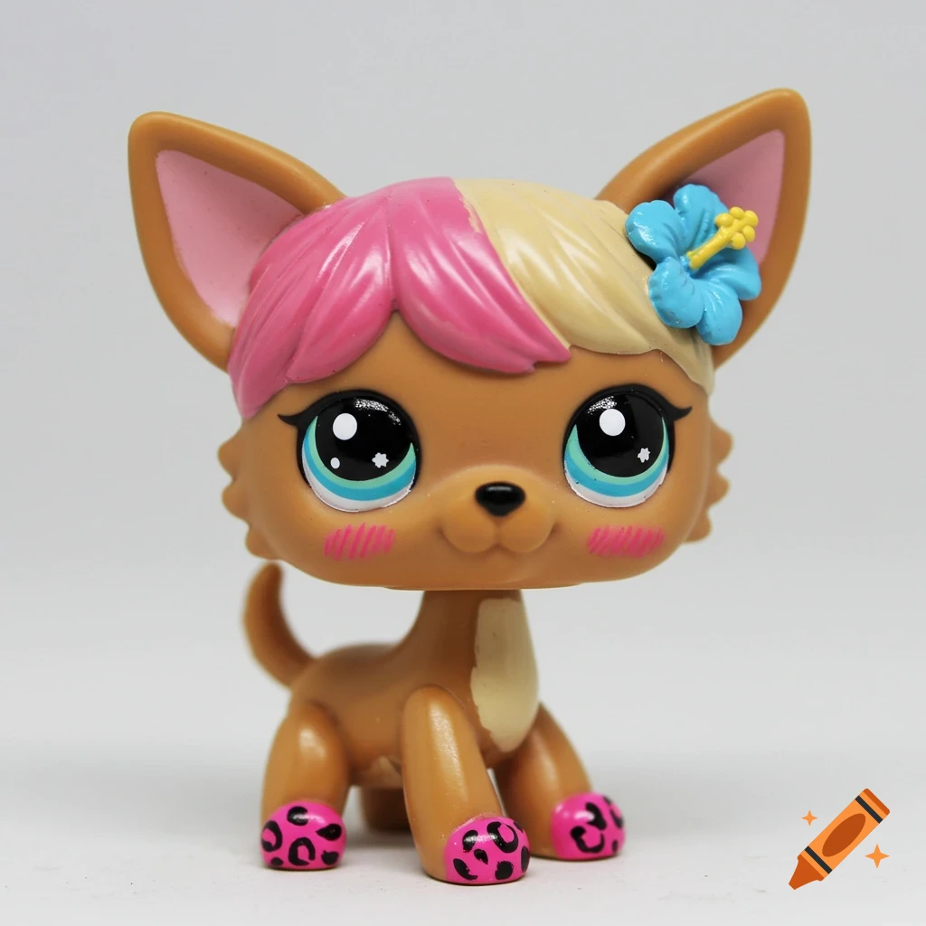 A brown toy chihuahua figure with pink and blonde hair, large blue and black eyes, pink blush, and pink cheetah print nails, wearing a blue hibiscus flower on its ear.