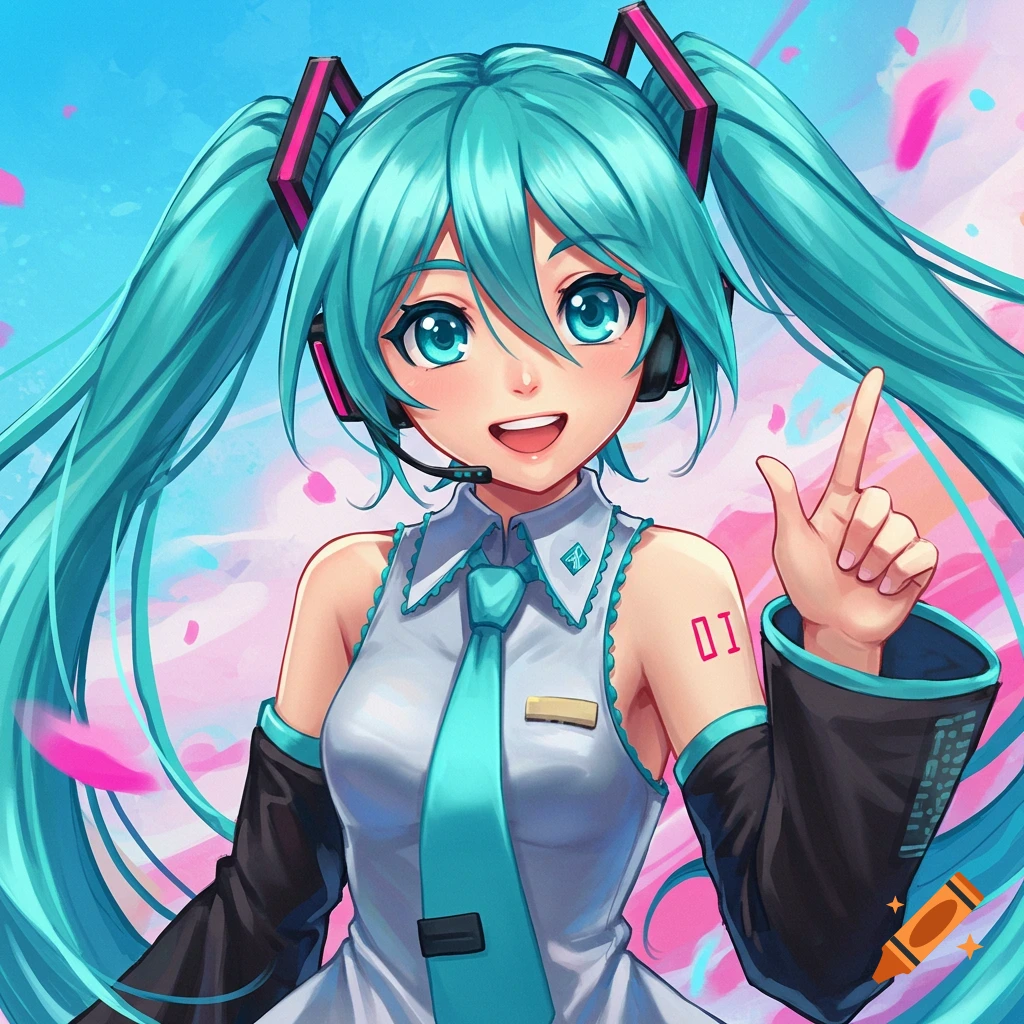 Hatsune Miku, an anime girl with long turquoise twin-tails, smiles and points upwards in a vibrant, colorful portrait.