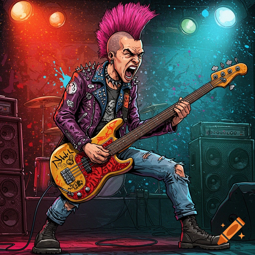 A cartoon punk rocker with a pink mohawk screams while playing a bass guitar on a stage.