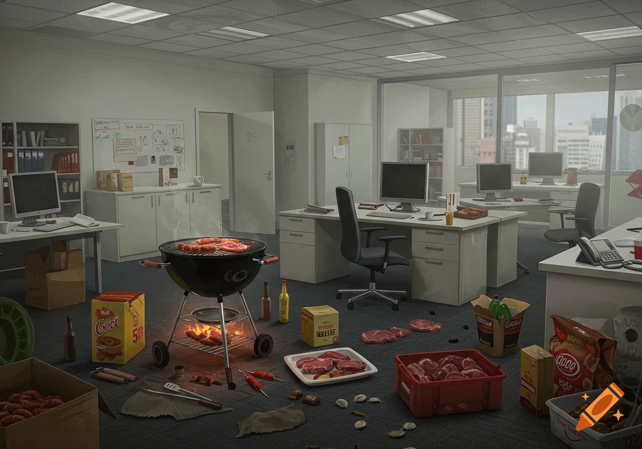 An empty, modern office with a lit charcoal barbecue grill, raw meats, and BBQ supplies scattered on the floor.