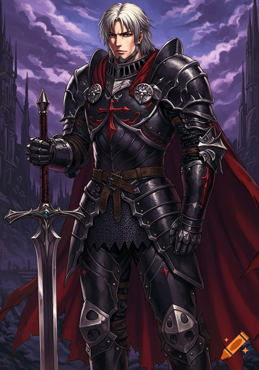 A white-haired gothic fantasy knight in black armor and a red cape holds a sword, set against a dark, stormy sky with castle spires.