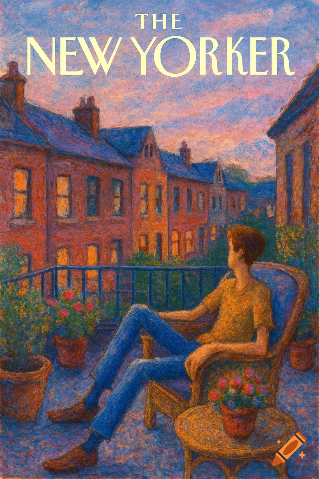 Monet-style illustration of The New Yorker cover showing a person on a balcony looking at city buildings at dusk.