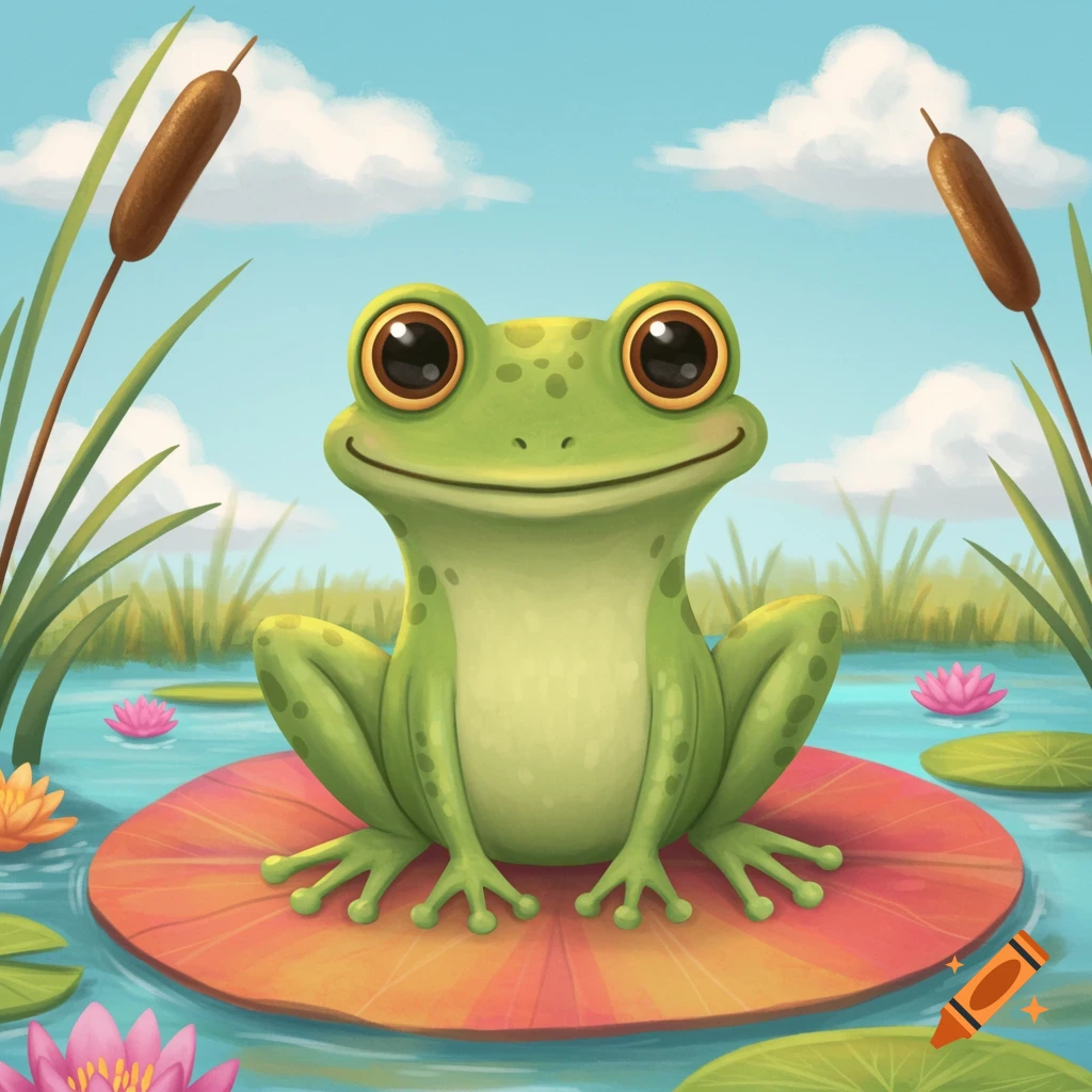 A cute cartoon frog with large eyes smiles while sitting on a red lily pad in a pond with other lily pads and cattails.