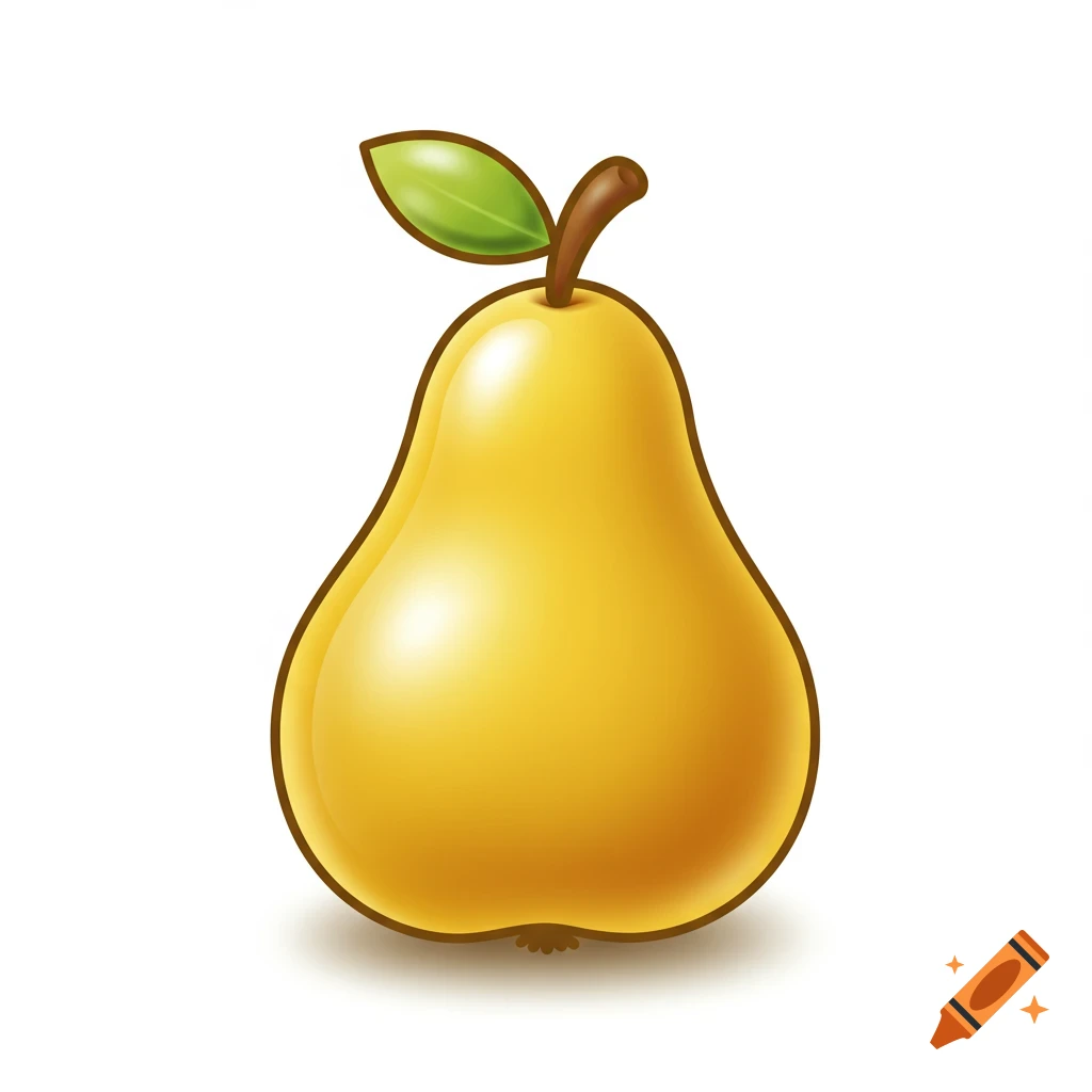 A shiny gold pear icon with a green leaf and brown stem.