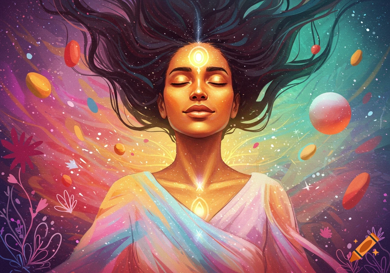 A woman with eyes closed in blissful meditation, surrounded by vibrant cosmic colors, glowing symbols, and abstract shapes in a surreal style.