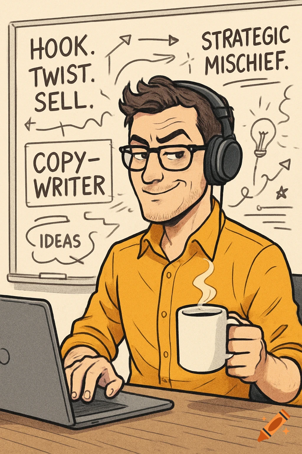 Cartoon illustration of a male copywriter in an office with a laptop, coffee, and whiteboard with text.