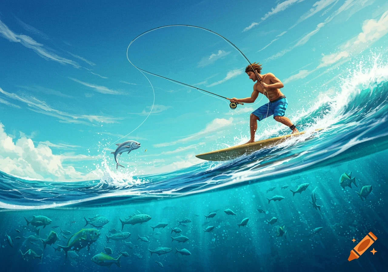 A man surfs a wave, fly fishing as a fish leaps from the water, while other fish swim below the surface. Dynamic illustration.