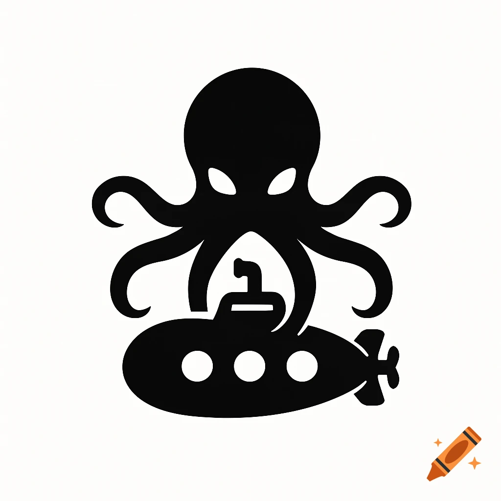 Black silhouette logo of an octopus with tentacles wrapped around a submarine.