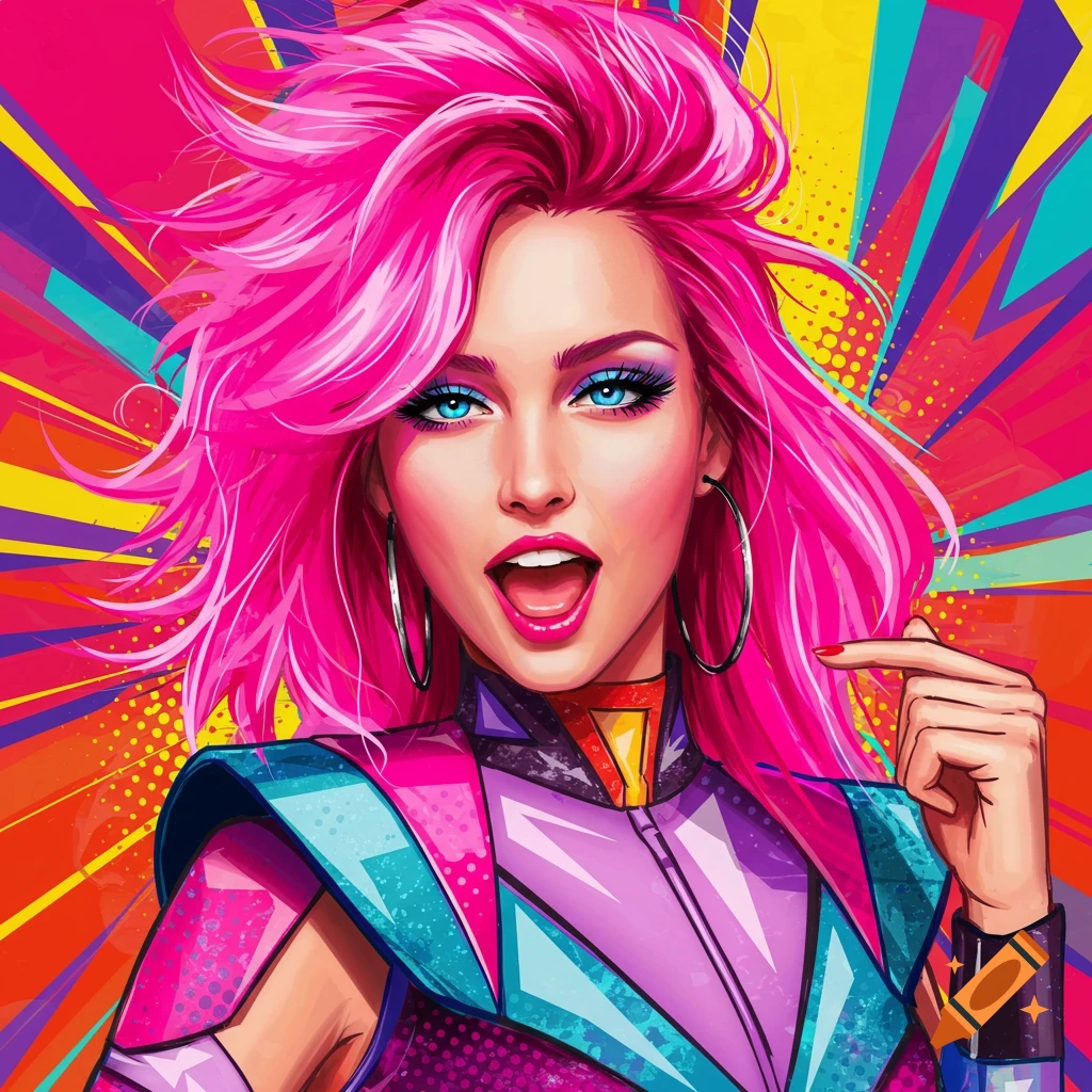 A vibrant pop art portrait of a woman with bright pink hair, blue eyes, and colorful makeup, set against an abstract, geometric background.