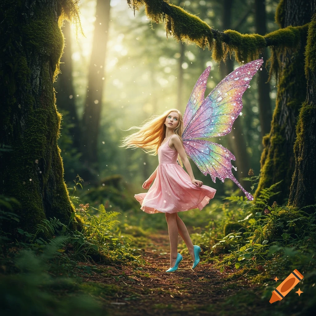 A blonde fairy in a pink dress and glittery rainbow wings stands in a magical sunlit forest.