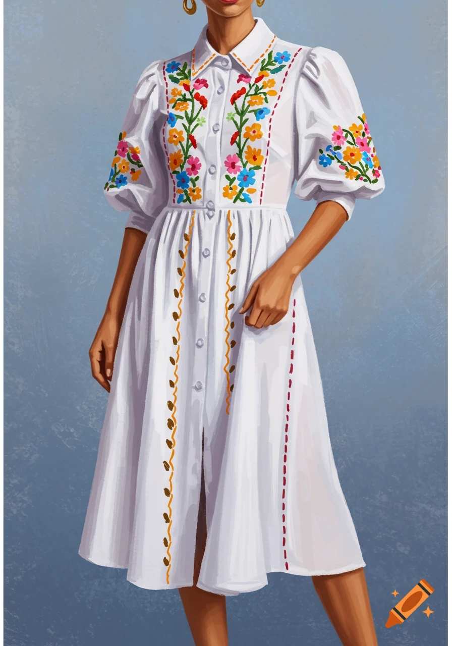 A painterly illustration of a person wearing a white midi dress with colorful floral embroidery and half puffy sleeves.