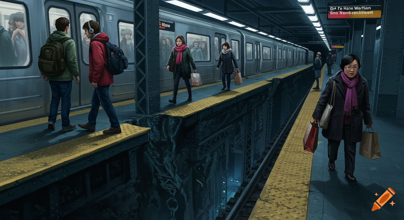 People stand on a subway platform next to a train, with a massive, deep chasm separating the platform from the tracks.