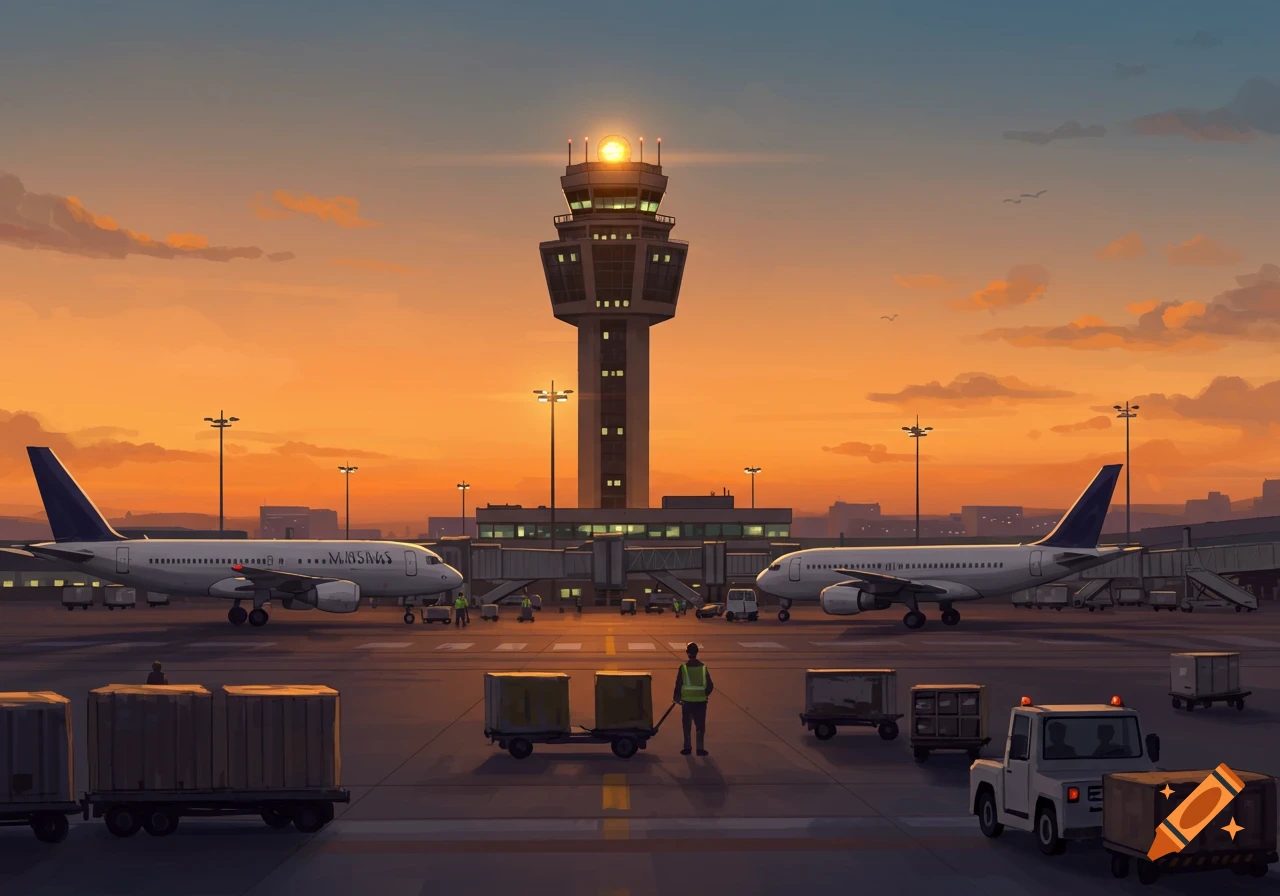 An illustrative view of an airport tarmac with two planes and a control tower at sunset, with ground crew working.