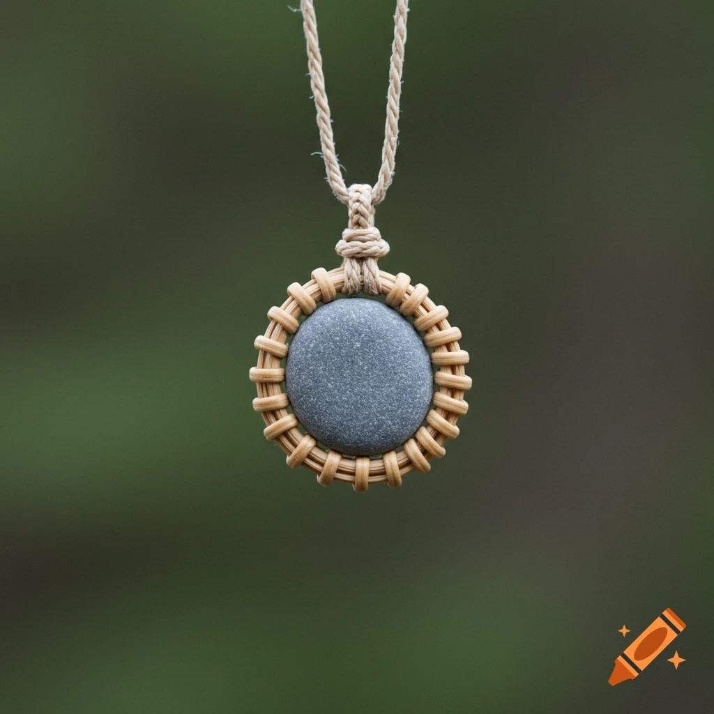 A necklace featuring a smooth gray pebble set in a circular woven rattan frame, suspended by a braided cord.