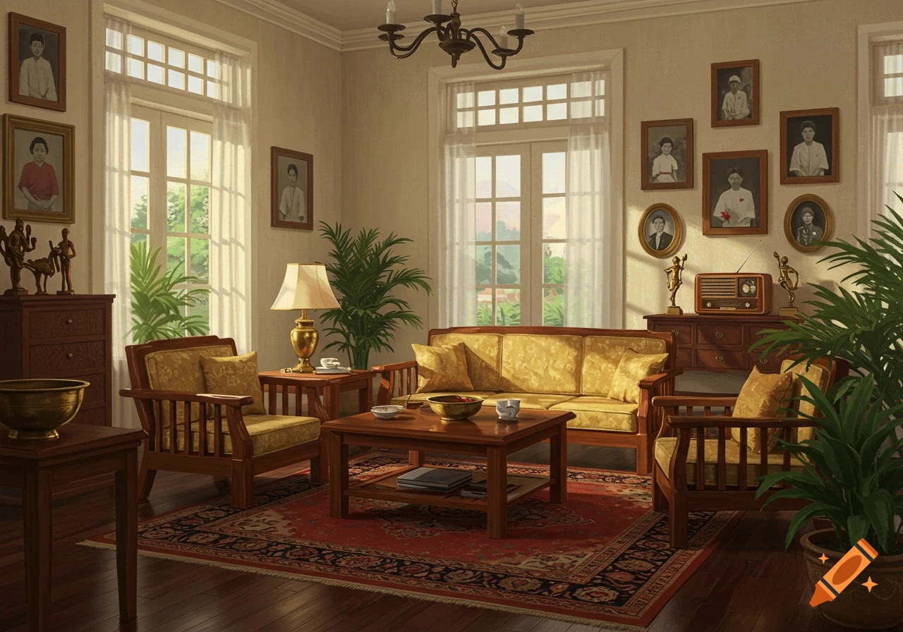 A vintage 1950s living room features wooden furniture with yellow cushions, potted plants, framed portraits on light walls, and a patterned rug.