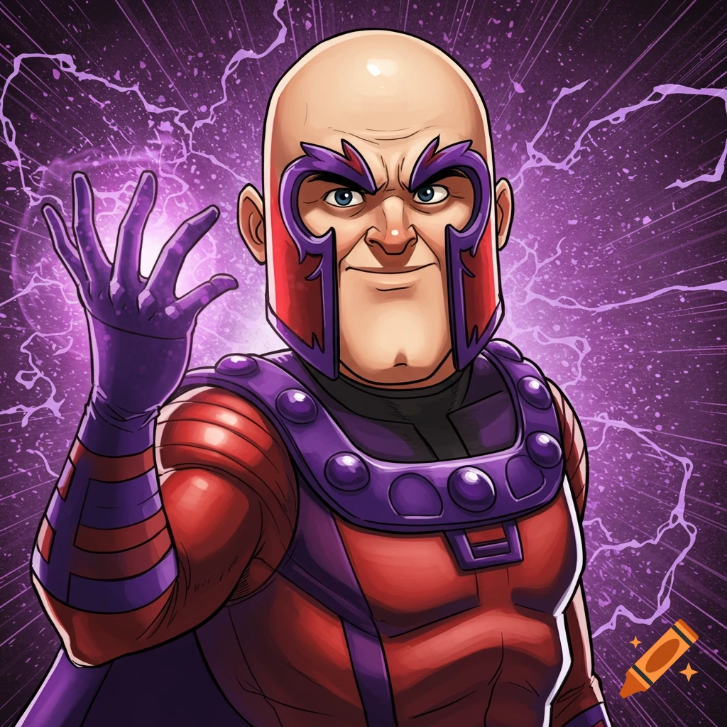 Cartoon of bald man Bernie Kropp dressed as Magneto, with purple energy emanating from his hand.