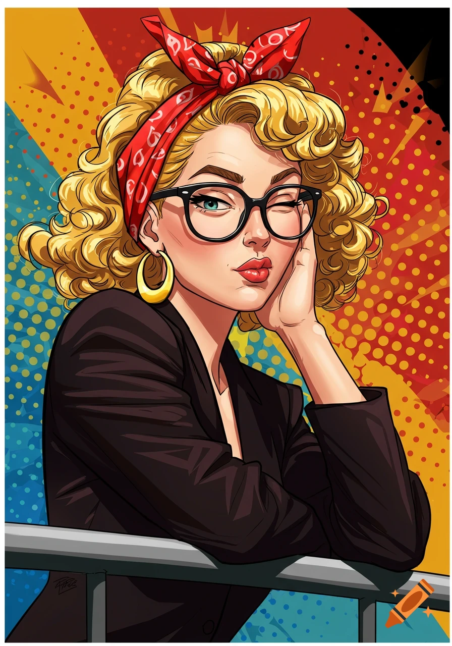 Pop art illustration of a blonde woman with curly hair, a red bandanna, and glasses, winking and leaning on a railing against a colorful dotted background.