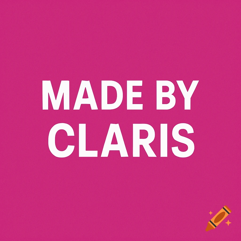 White text 'MADE BY CLARIS' on a solid magenta background.