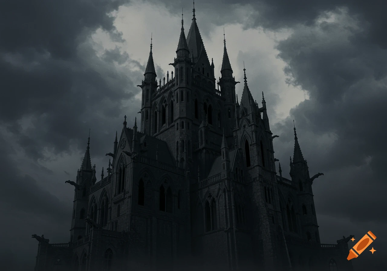 A dark, imposing gothic castle with multiple spires, silhouetted ...