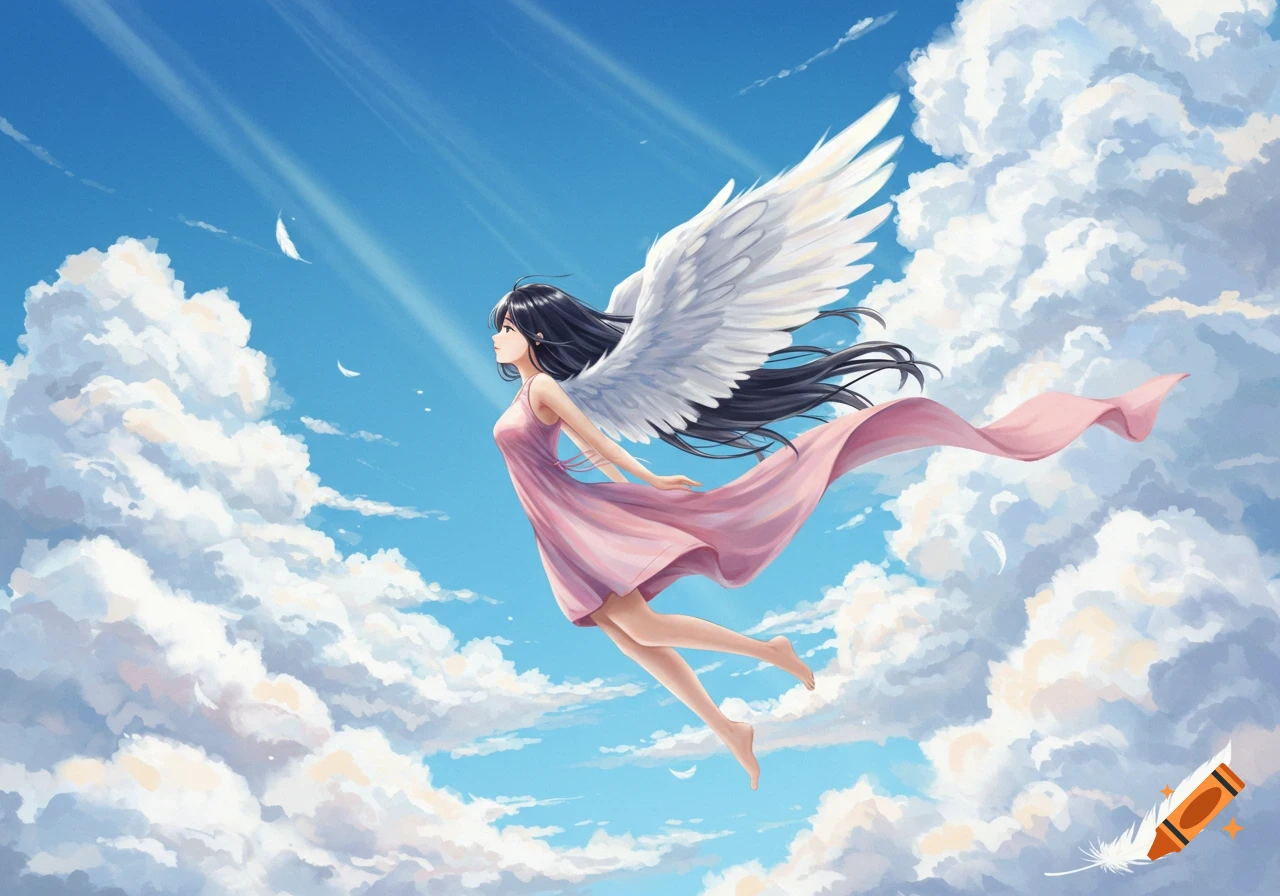 An anime girl with long dark hair and large white wings, wearing a flowing pink dress, floats through a bright blue sky filled with white clouds and sunlight.