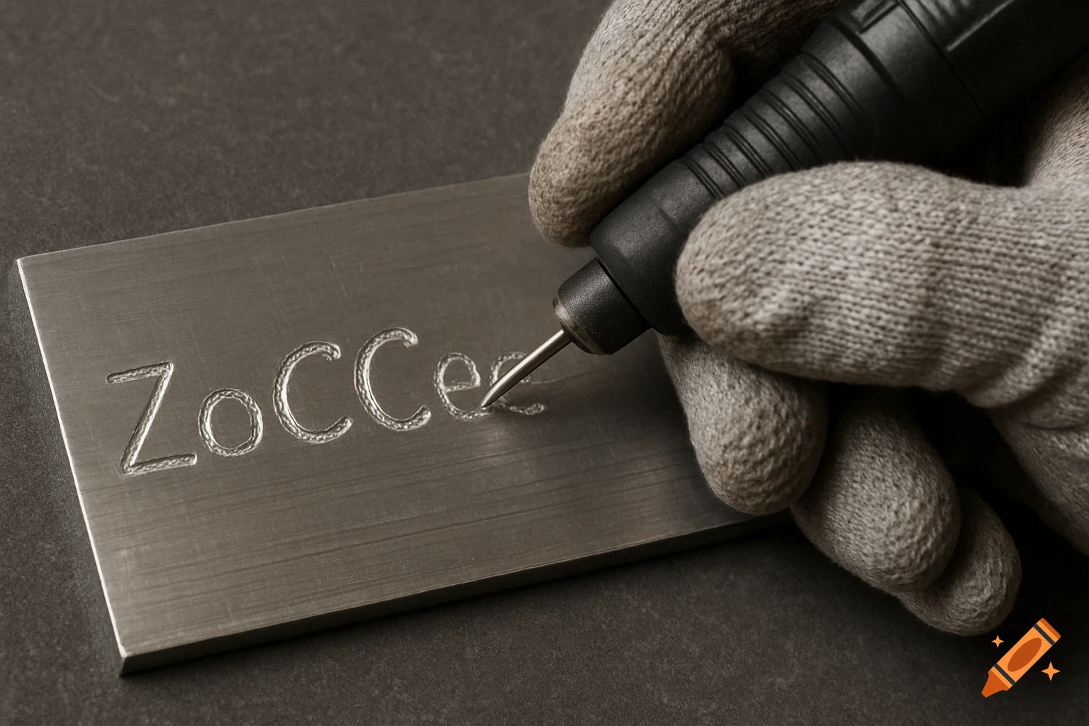 A gloved hand uses a rotary engraving pen to engrave 'ZoCCee' onto a metal plate in a photorealistic style.