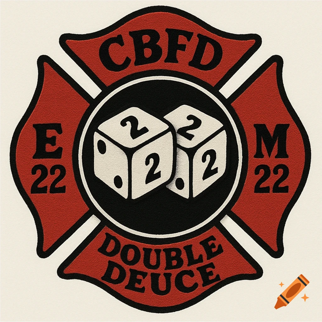 A red and black fire department logo featuring the text 'CBFD', 'E22', 'M22', and 'DOUBLE DEUCE', with two dice showing the number 2 in the center.