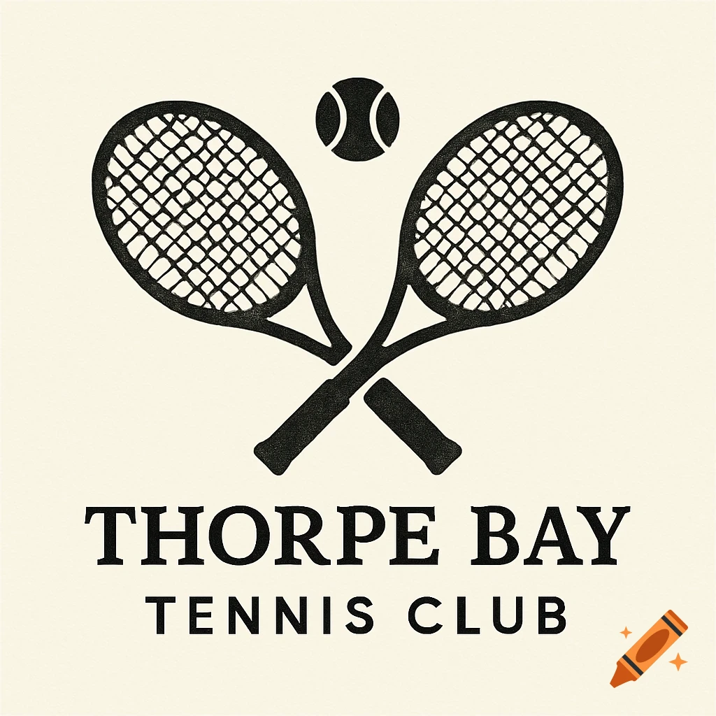 A black and white logo for Thorpe Bay Tennis Club, featuring two crossed tennis rackets and a tennis ball above the text "THORPE BAY TENNIS CLUB."
