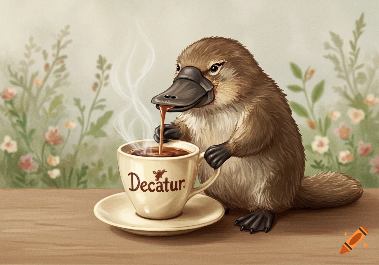 An illustration of a platypus drinking coffee from a white mug labeled 'Decatur' on a wooden table with a floral background.