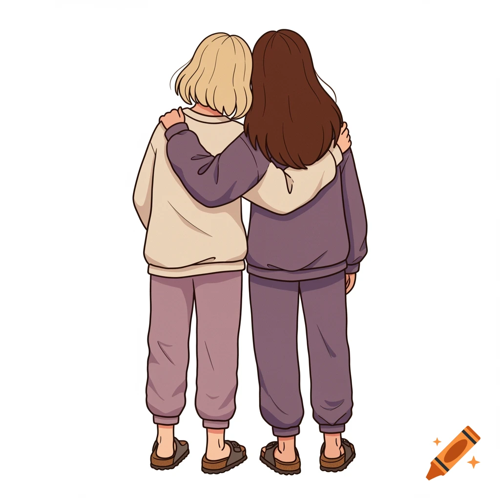 Clip art of two girls from behind, blonde and brown hair, embracing in lounge clothes and Birkenstocks.
