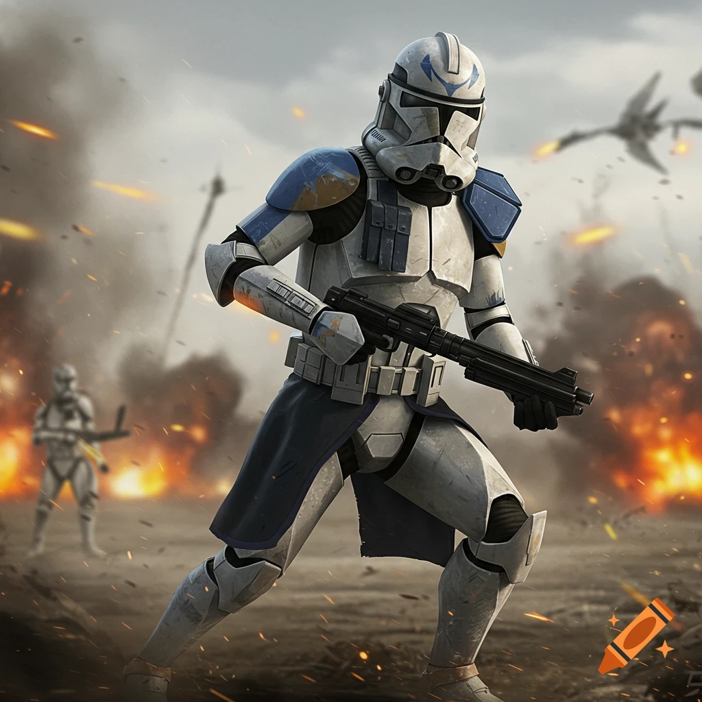 A photorealistic illustration of a clone trooper in full armor, holding a blaster on a smoky battlefield with explosions.