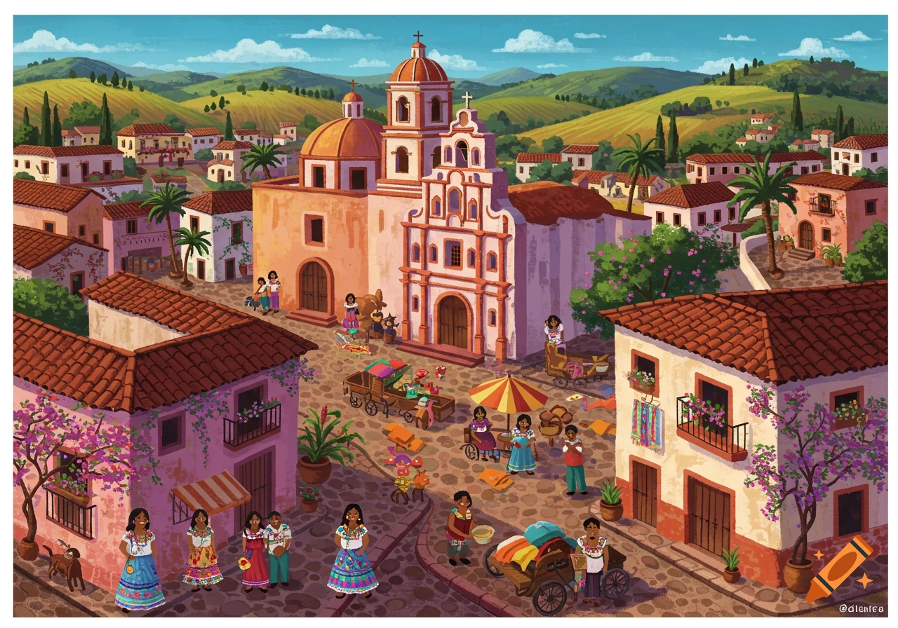 A vibrant, colorful illustration of a bustling Mexican village with a large church, traditional buildings, and people in the plaza.