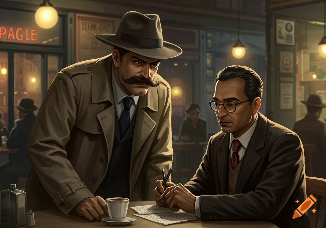 An illustration of a detective with a mustache talking to an accountant in a cafe, set in a film noir style.