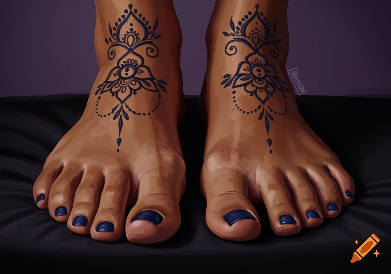 Close-up of two bare feet with dark blue nail polish and intricate black mandala-style henna designs on the top.