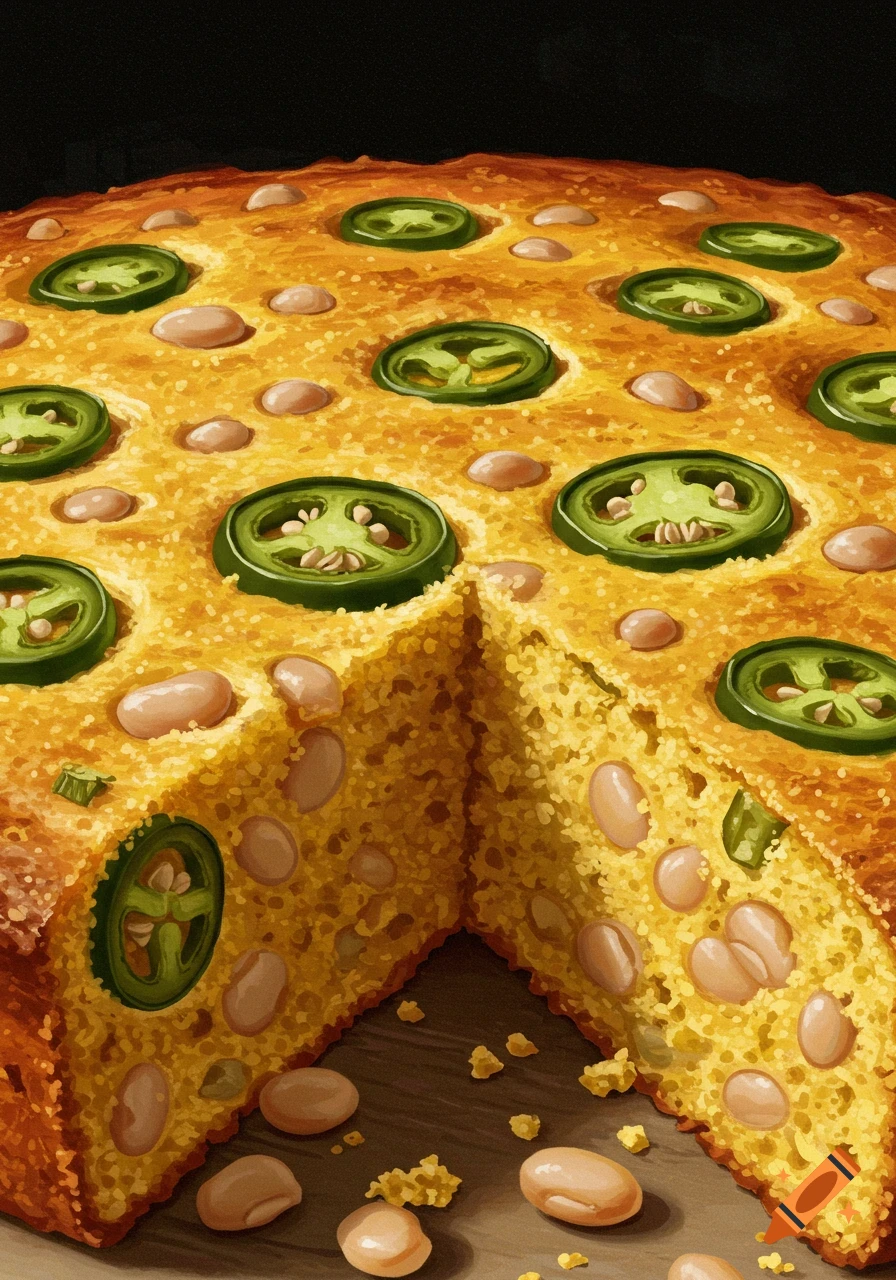 Close-up of a partially sliced round of golden cornbread filled with white beans and topped with jalapeno slices.