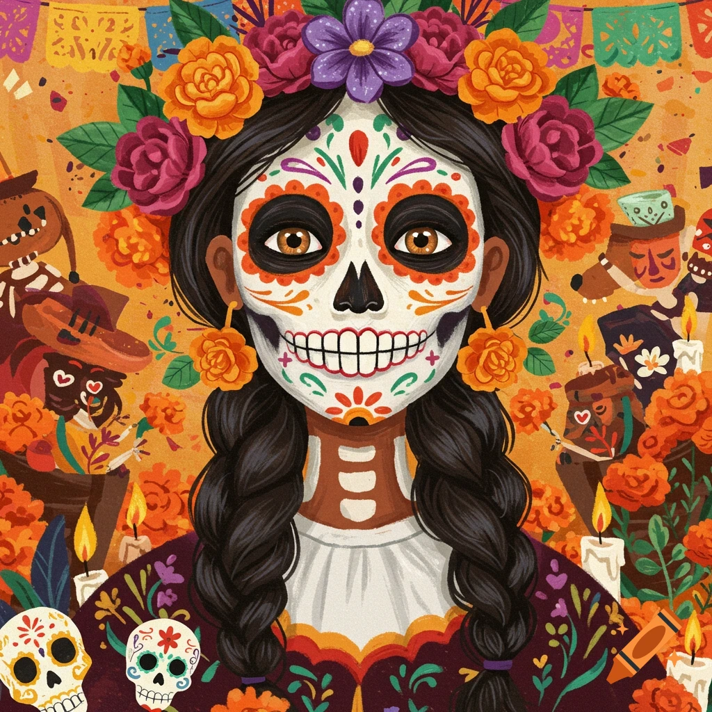 A vibrant illustration of a woman with sugar skull makeup for Day of the Dead, adorned with colorful flowers.