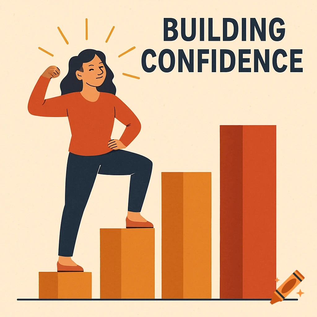 A confident woman steps up a bar chart, flexing her arm, with "BUILDING CONFIDENCE" text. Flat illustration style.