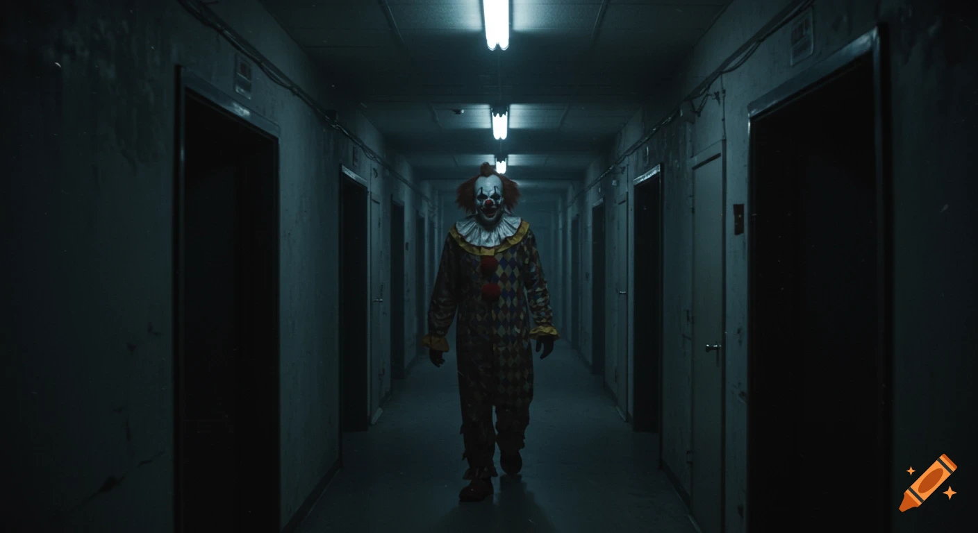 A creepy clown in a colorful suit stands menacingly in a dark, dimly lit institutional hallway.