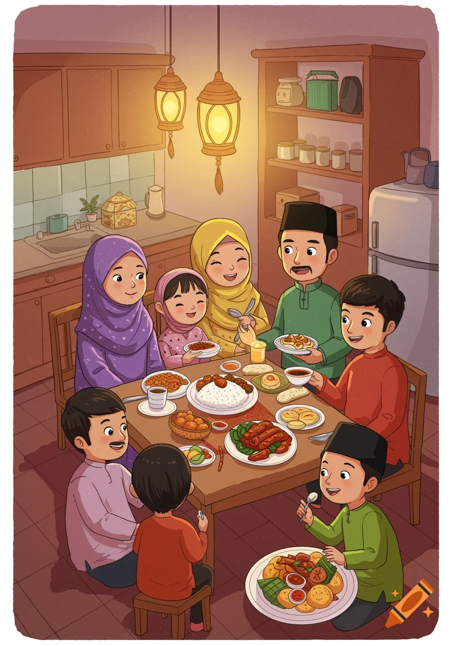 Cartoon illustration of a Muslim family enjoying a meal together at a dining table in their home.