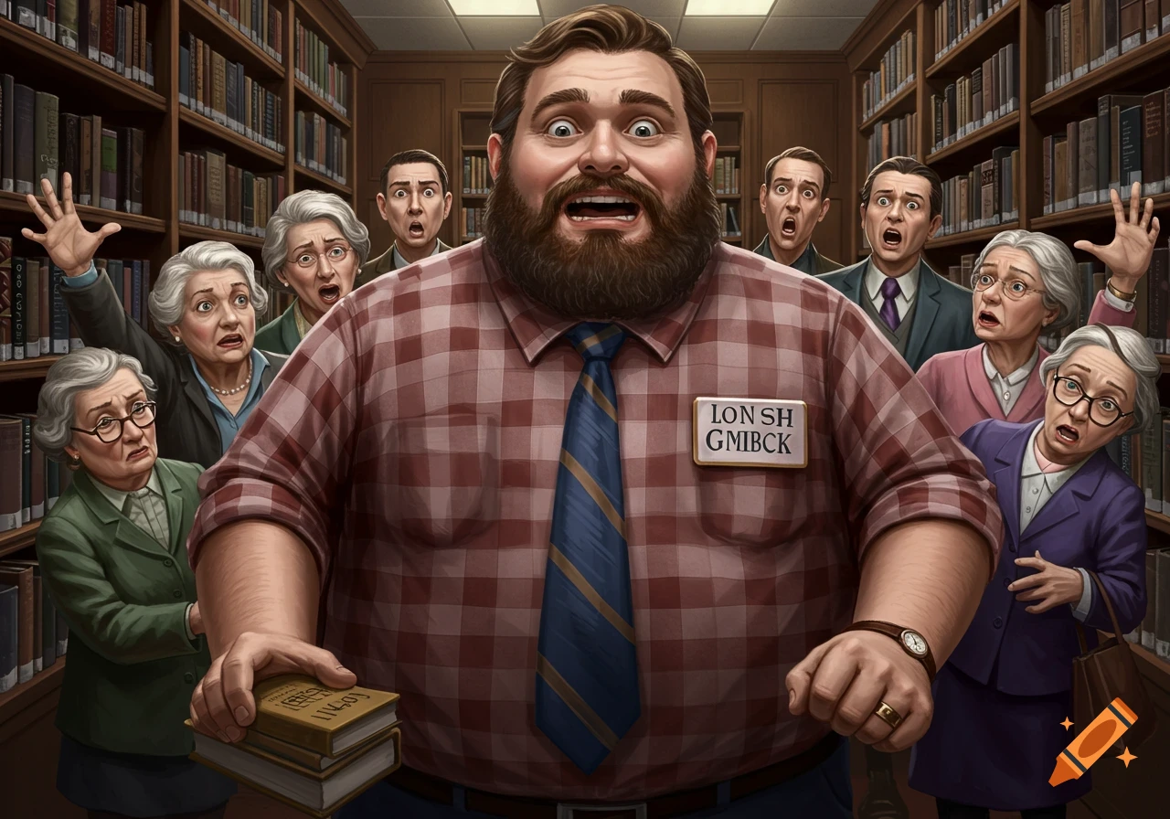 A large, bearded man in a plaid shirt and tie looks shocked while holding books, surrounded by equally surprised elderly people in a library, in a realistic illustration.