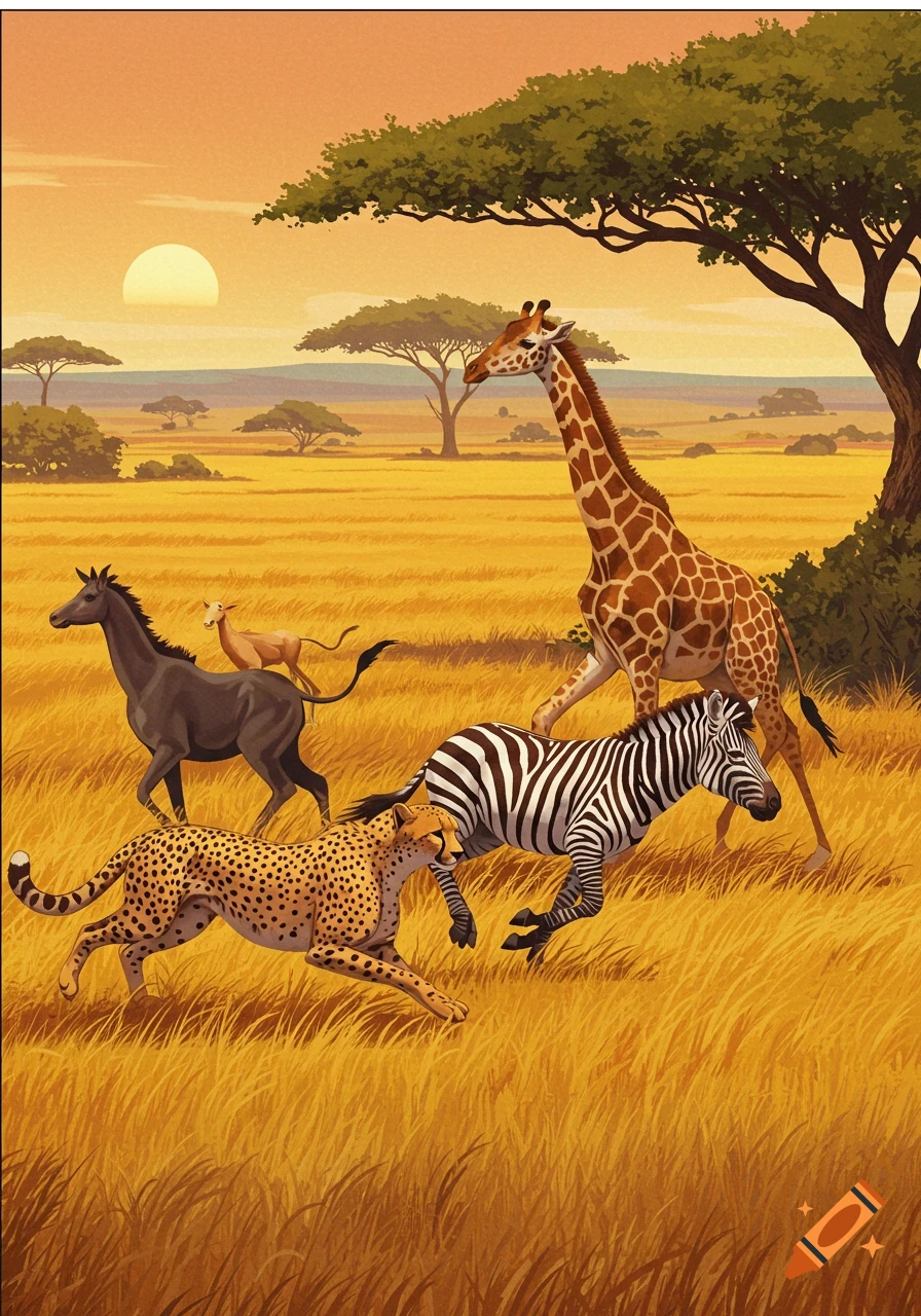 Illustrated safari scene with a giraffe, zebra, cheetah, and other animals running across a golden savanna at sunset.