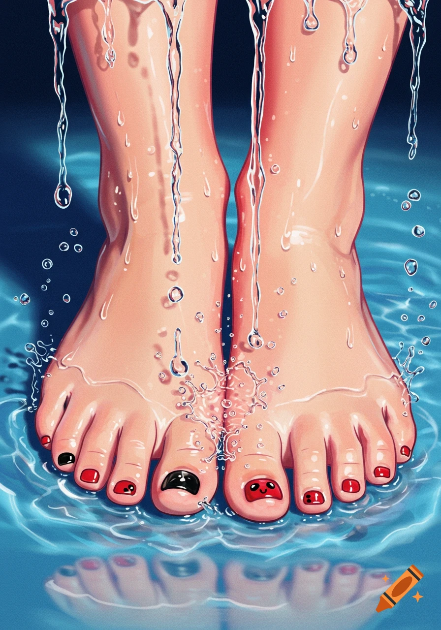 Close-up illustration of feet with red and black painted toenails, standing in and being splashed by water.