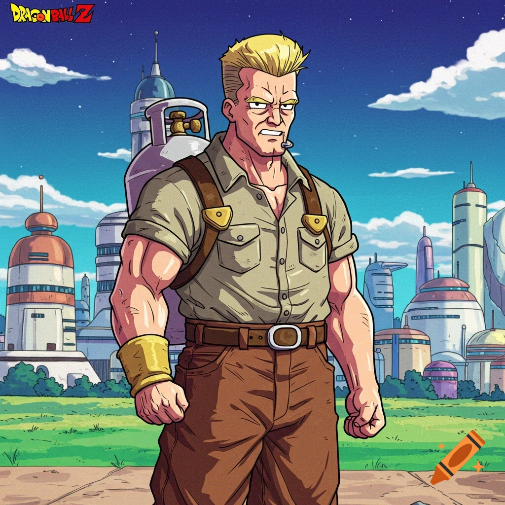 A muscular man resembling Hank Hill, wearing a shirt and pants, with a propane tank backpack, stands in a futuristic city in Dragon Ball Z anime style.